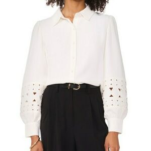 Vince Camuto Embroidered-Inset Blouson-Sleeve Button-Front Top.  Size: Medium